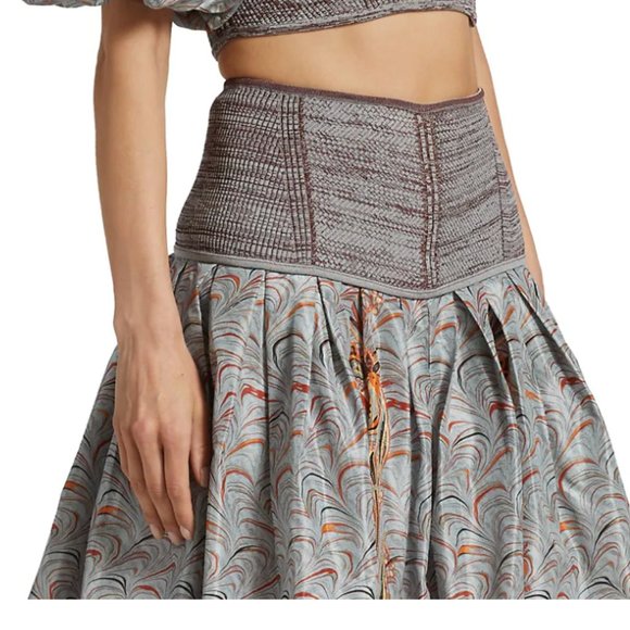 ULLA JOHNSON Pleated Printed Taffeta And Mouline Ribbed-knit Skirt In Chalcedony - Picture 5 of 9